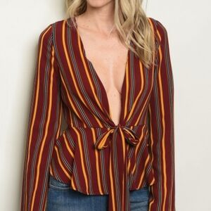 Striped Deep V Tie Front Blouse | Bell Sleeve Top M